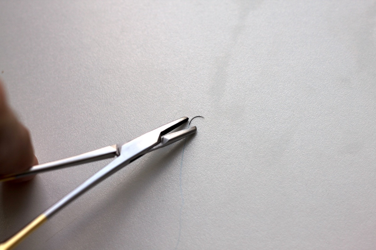 A large needle holder gripping a very small curved needle