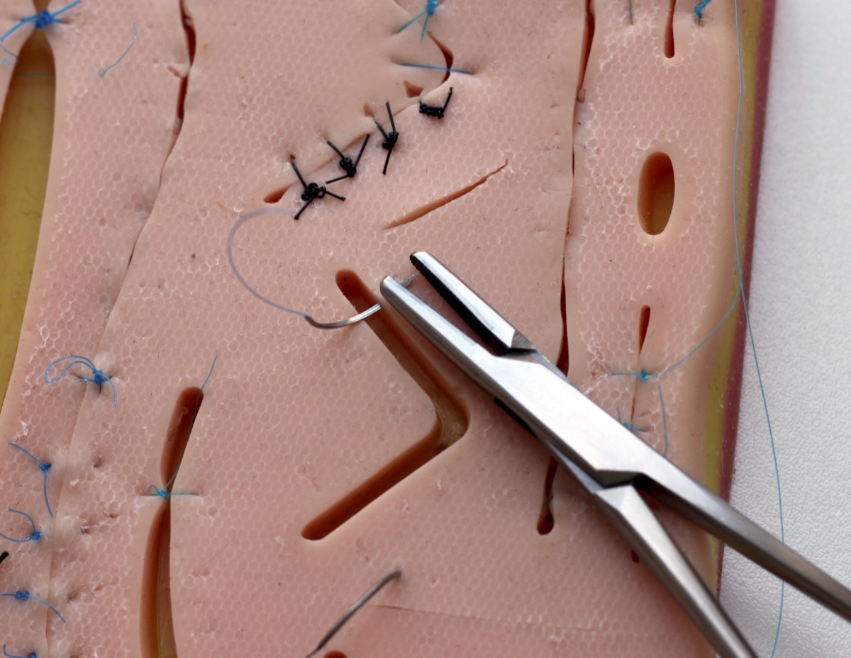 Needle holder jaws gripping a needle close to its point